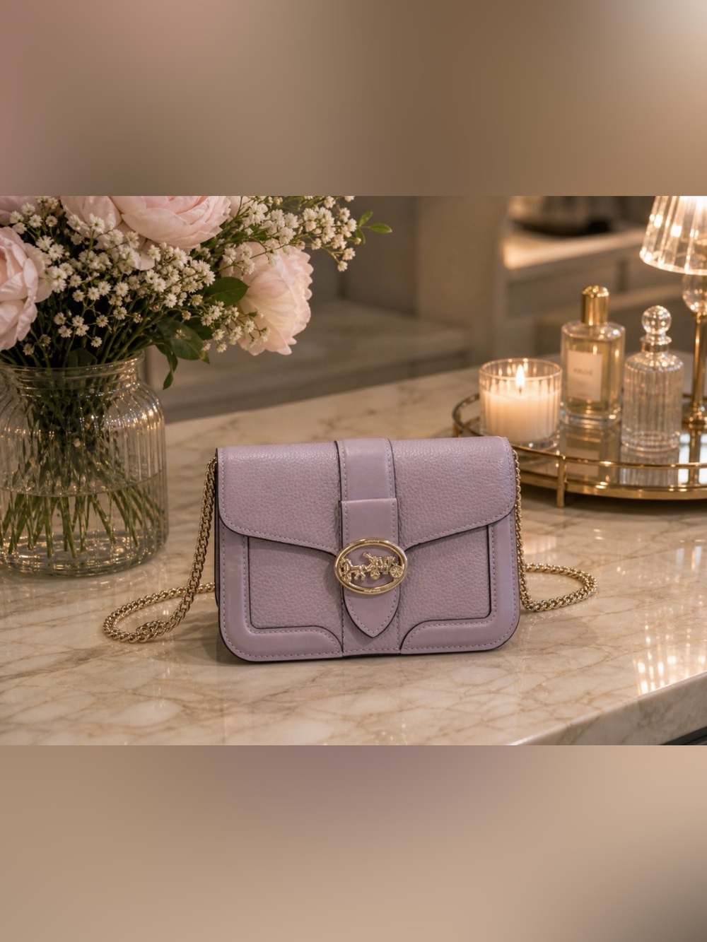 Coach Lilac Leather Chain Crossbody Bag with Gold Hardware